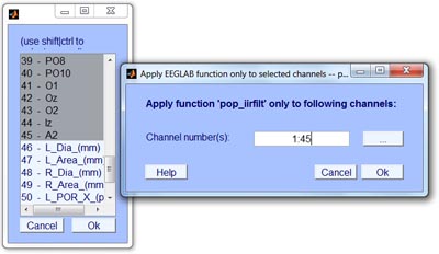 Dialogue: Select channels to apply EEGLAB function to